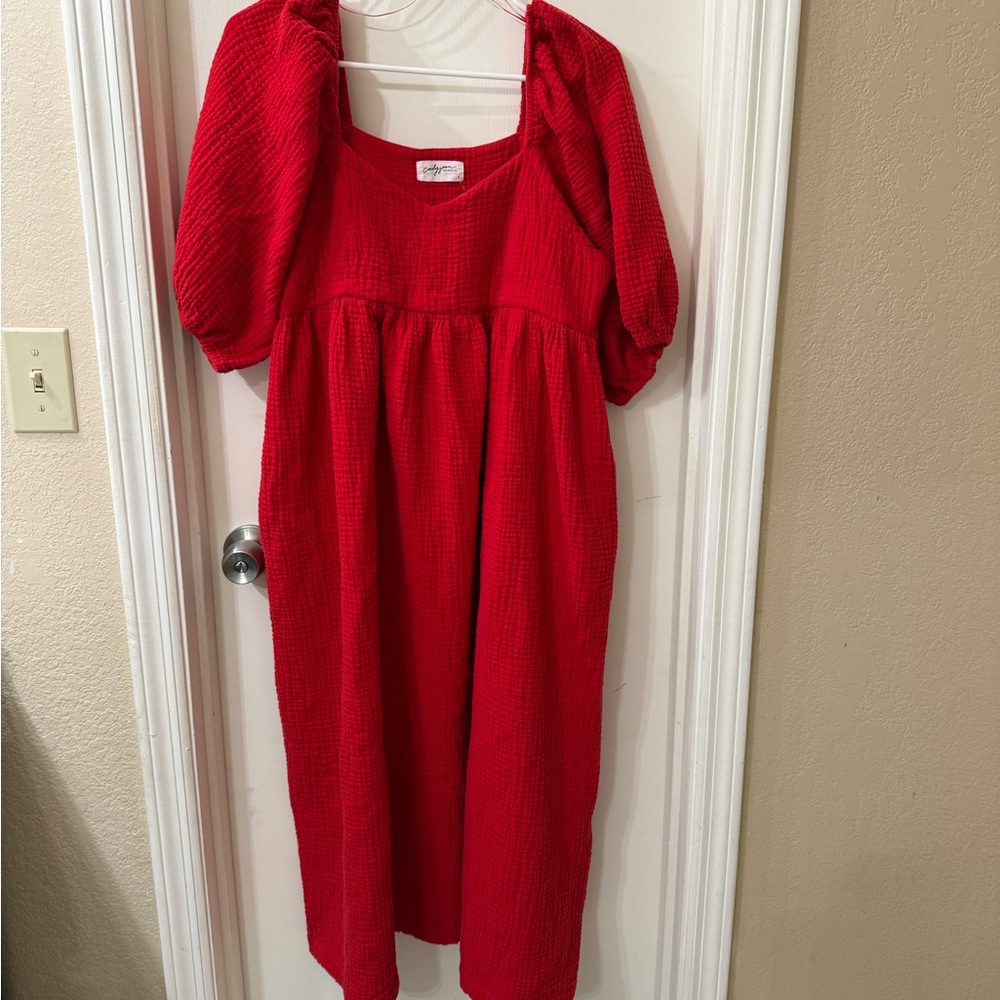 Carly Jean Los Angeles Gauzy Red Maxi Dress with Puff Sleeves